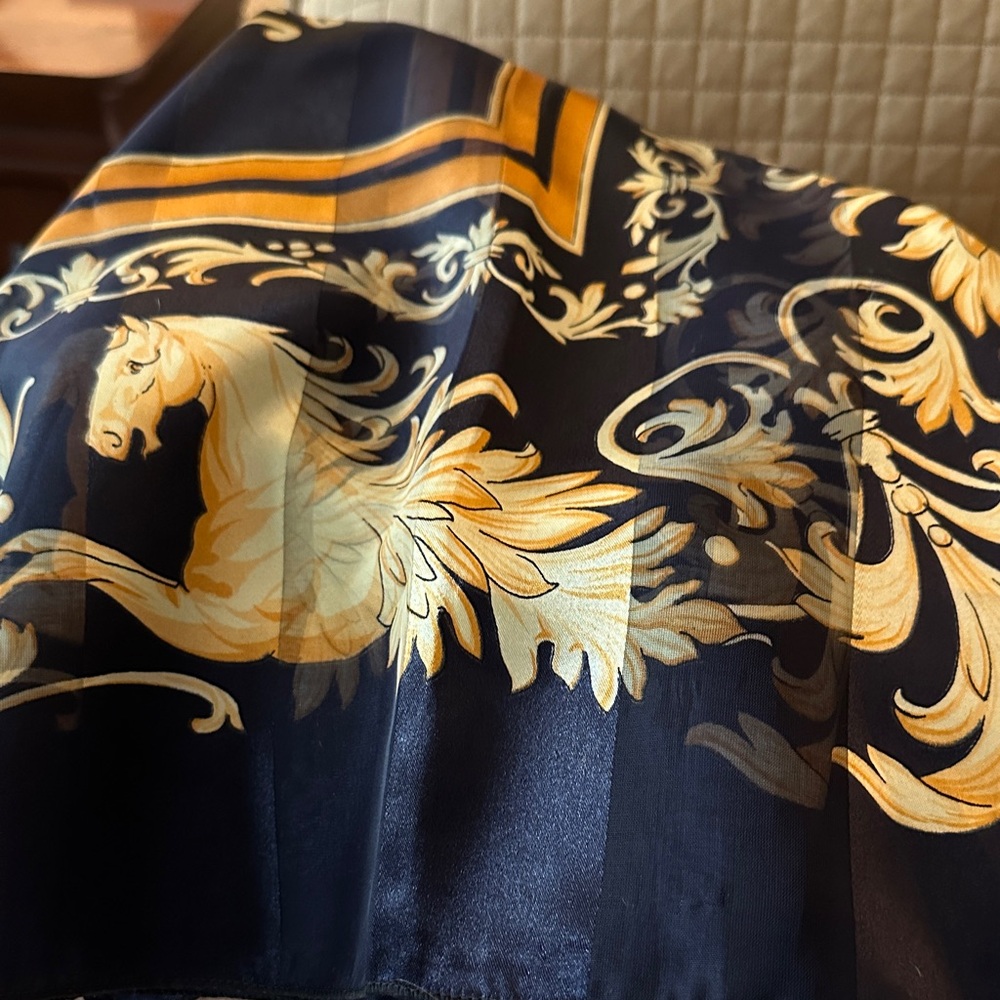Elegant Navy and Gold Scarf with Horse Design